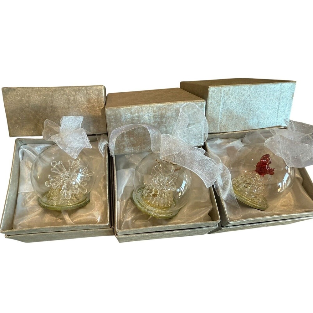 Set of 3 Color Changing LED Spun Glass Ornaments Angel Snowflake Cardinal Boxed